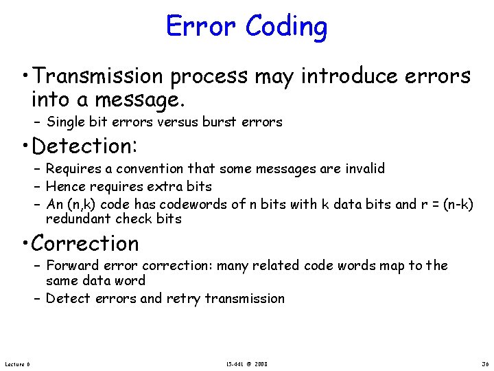 Error Coding • Transmission process may introduce errors into a message. – Single bit