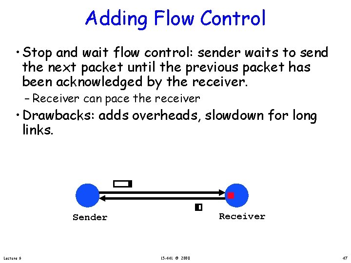 Adding Flow Control • Stop and wait flow control: sender waits to send the