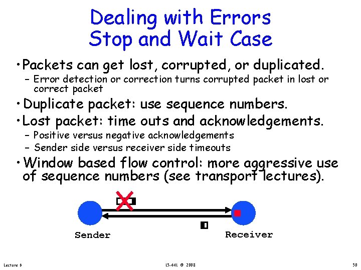 Dealing with Errors Stop and Wait Case • Packets can get lost, corrupted, or