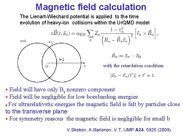 Magnetic field calculation The Lienart-Wiechard potential is applied to the time evolution of heavy-ion