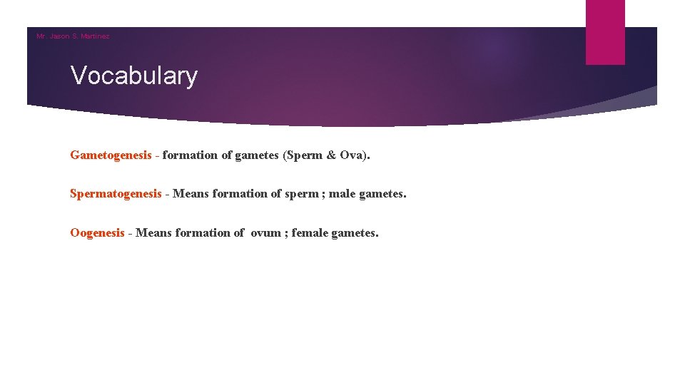 Mr. Jason S. Martinez Vocabulary Gametogenesis - formation of gametes (Sperm & Ova). Spermatogenesis