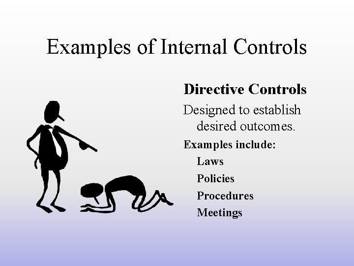 Examples of Internal Controls Directive Controls Designed to establish desired outcomes. Examples include: Laws