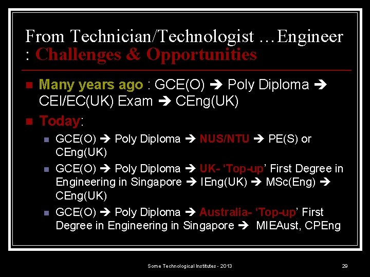 From Technician/Technologist …Engineer : Challenges & Opportunities n n Many years ago : GCE(O)