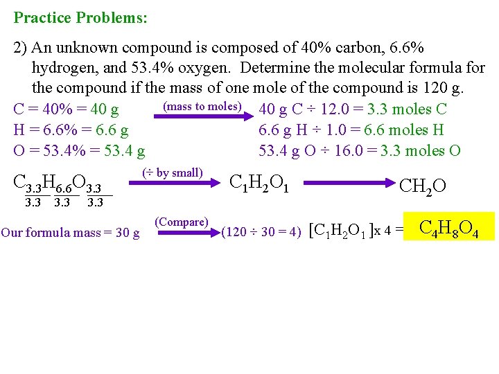 Practice Problems: 2) An unknown compound is composed of 40% carbon, 6. 6% hydrogen,