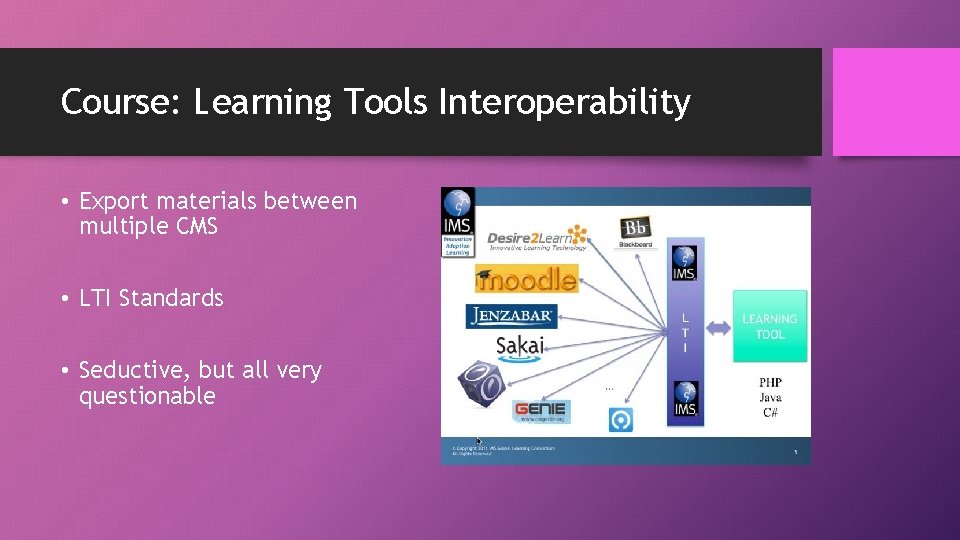 Course: Learning Tools Interoperability • Export materials between multiple CMS • LTI Standards •