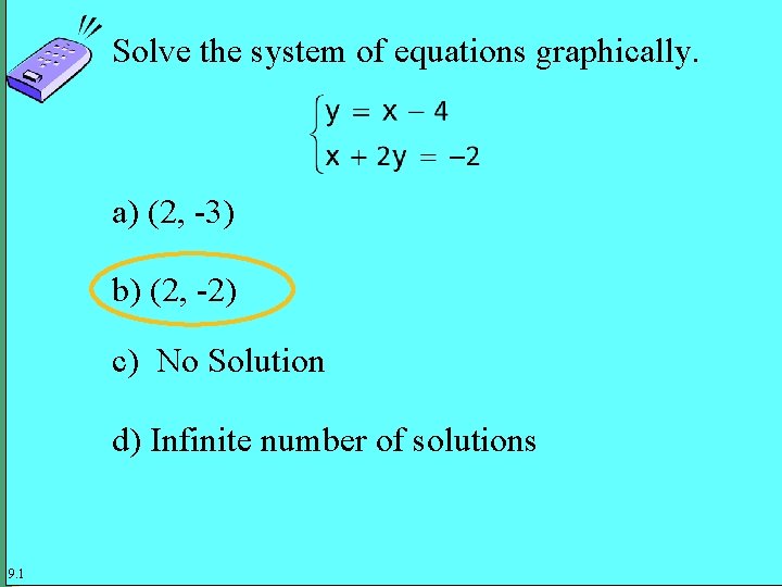 Solve the system of equations graphically. a) (2, -3) b) (2, -2) c) No