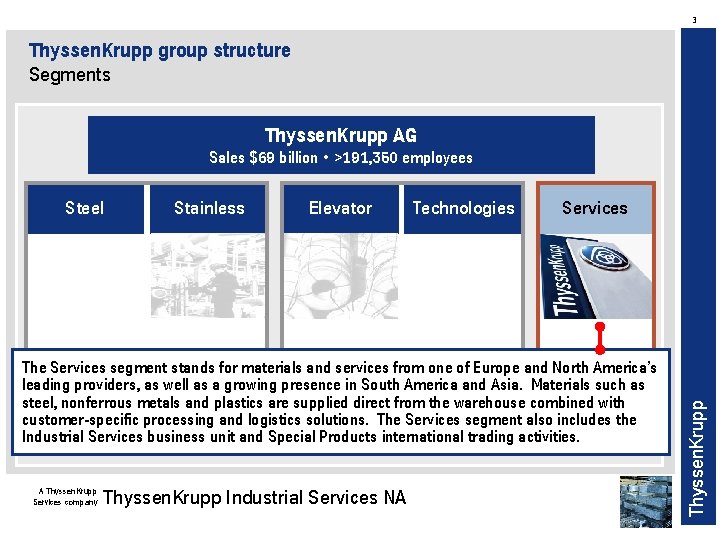 3 Thyssen. Krupp group structure Segments Thyssen. Krupp AG Sales $69 billion • >191,