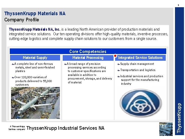 5 Thyssen. Krupp Materials NA Company Profile Thyssen. Krupp Materials NA, Inc. is a