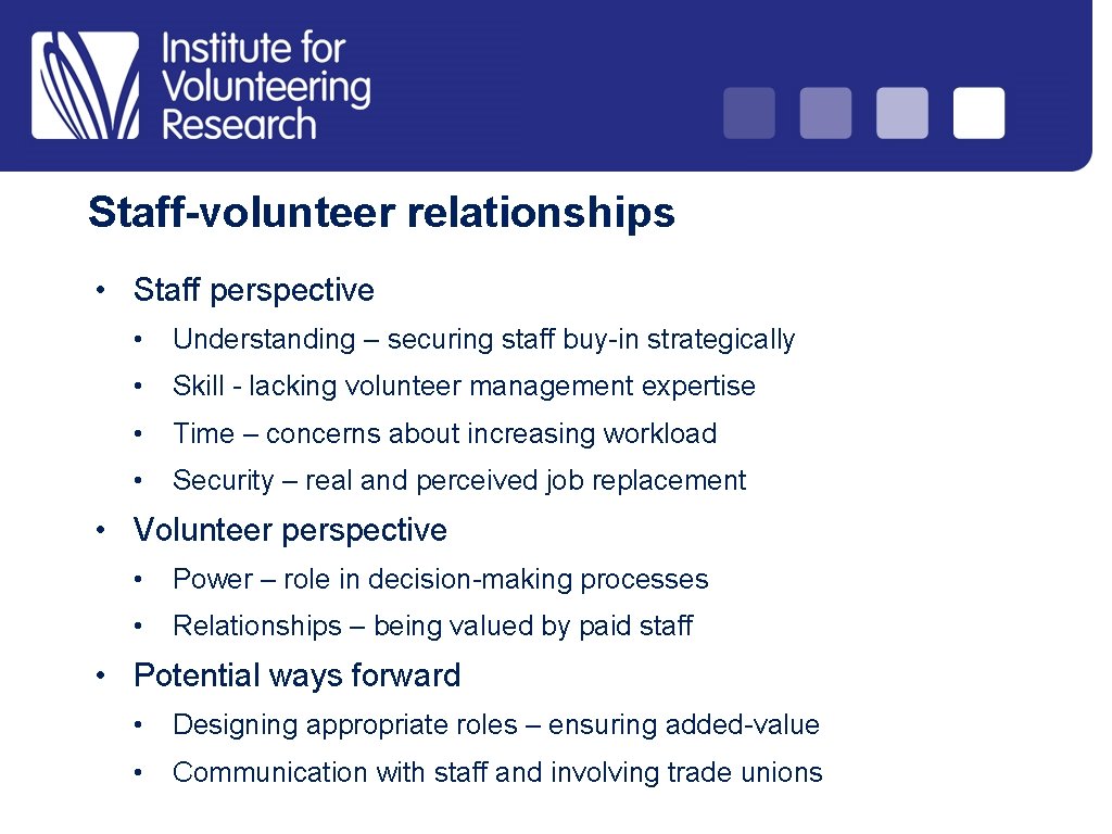 Staff-volunteer relationships • Staff perspective • Understanding – securing staff buy-in strategically • Skill