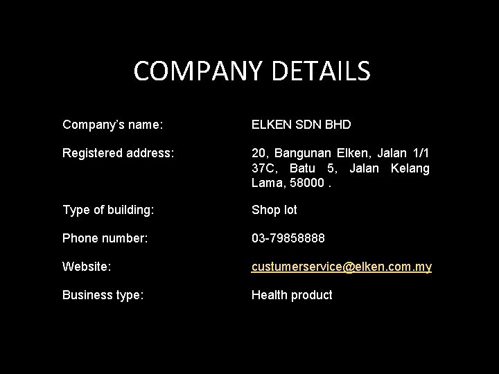 COMPANY DETAILS Company’s name: ELKEN SDN BHD Registered address: 20, Bangunan Elken, Jalan 1/1