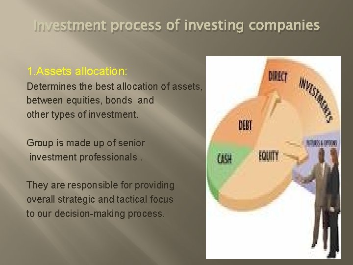 Investment process of investing companies 1. Assets allocation: Determines the best allocation of assets,