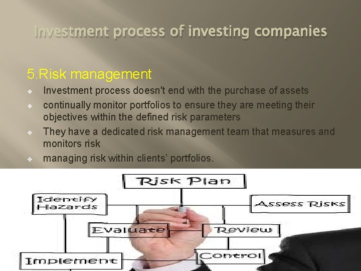 Investment process of investing companies 5. Risk management v v Investment process doesn't end