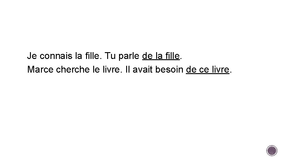 Je connais la fille. Tu parle de la fille. Marce cherche le livre. Il