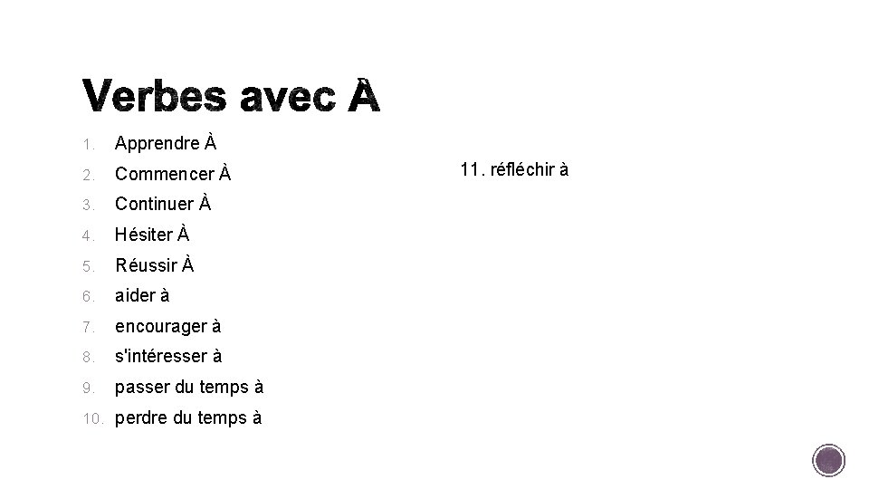 1. Apprendre À 2. Commencer À 3. Continuer À 4. Hésiter À 5. Réussir