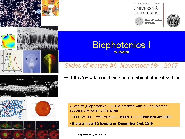 Kirchhoff-Institut für Physik Biophotonics I W. Petrich Slides of lecture #6 November 18 th,
