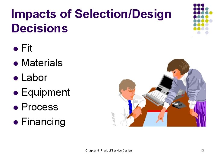 Impacts of Selection/Design Decisions Fit l Materials l Labor l Equipment l Process l