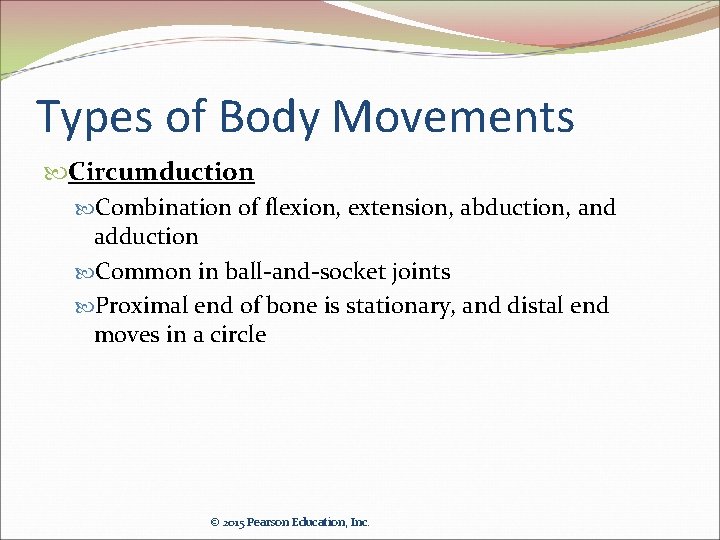 Types of Body Movements Circumduction Combination of flexion, extension, abduction, and adduction Common in