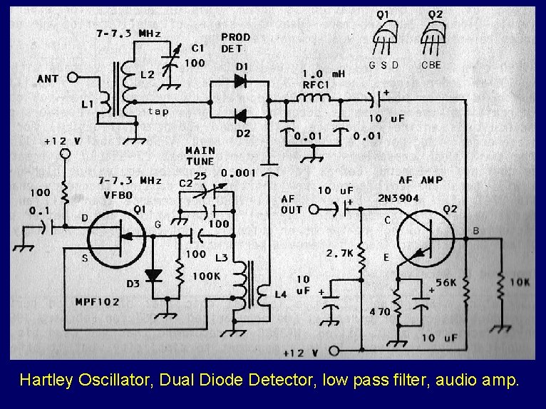 Hartley Oscillator, Dual Diode Detector, low pass filter, audio amp. 