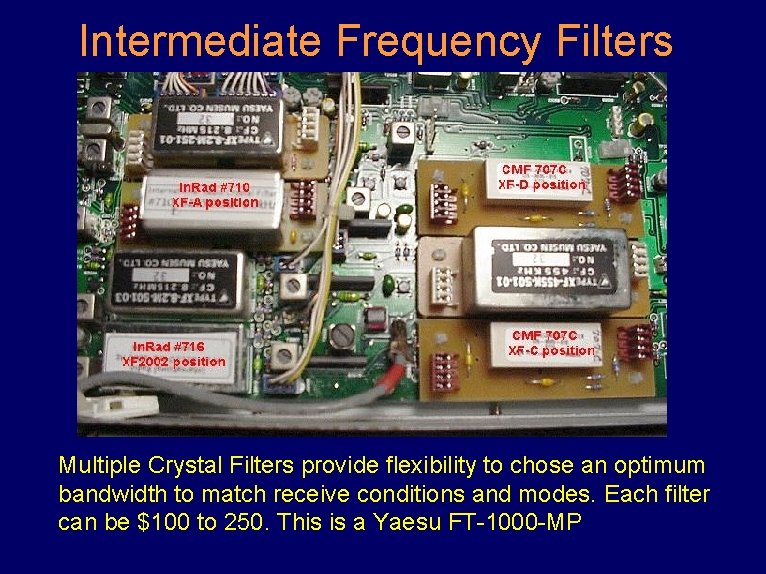 Intermediate Frequency Filters Multiple Crystal Filters provide flexibility to chose an optimum bandwidth to