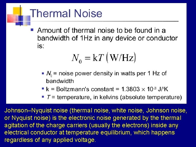 Johnson–Nyquist noise (thermal noise, white noise, Johnson noise, or Nyquist noise) is the electronic