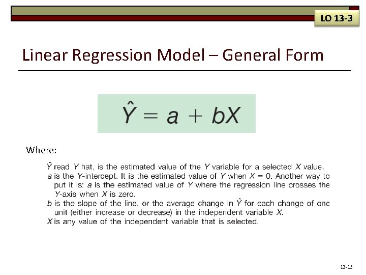 LO 13 -3 Linear Regression Model – General Form Where: 13 -15 