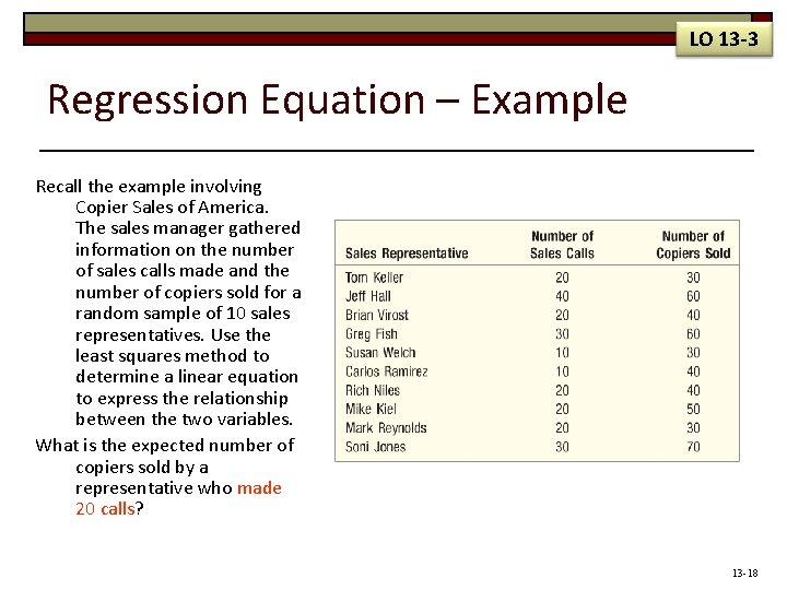 LO 13 -3 Regression Equation – Example Recall the example involving Copier Sales of