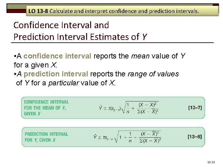 LO 13 -8 Calculate and interpret confidence and prediction intervals. Confidence Interval and Prediction