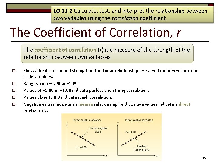 LO 13 -2 Calculate, test, and interpret the relationship between two variables using the