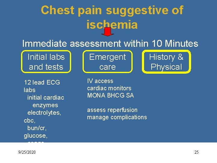 Chest pain suggestive of ischemia Immediate assessment within 10 Minutes Initial labs and tests