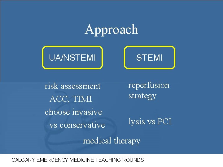 Approach UA/NSTEMI risk assessment ACC, TIMI choose invasive vs conservative reperfusion strategy lysis vs