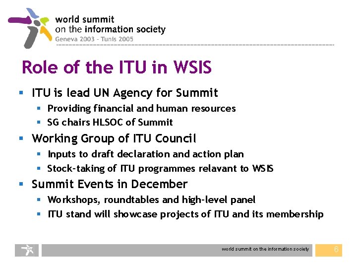 Role of the ITU in WSIS § ITU is lead UN Agency for Summit