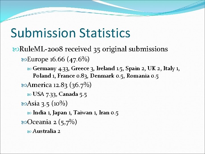 Submission Statistics Rule. ML-2008 received 35 original submissions Europe 16. 66 (47. 6%) Germany