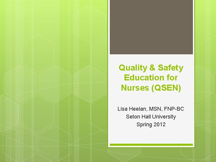 Quality & Safety Education for Nurses (QSEN) Lisa Heelan, MSN, FNP-BC Seton Hall University