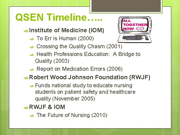 QSEN Timeline…. . Institute of Medicine (IOM) To Err is Human (2000) Crossing the