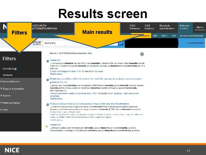 Results screen Filters Main results 11 