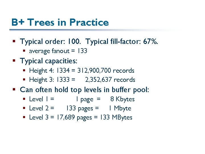 B+ Trees in Practice § Typical order: 100. Typical fill-factor: 67%. § average fanout