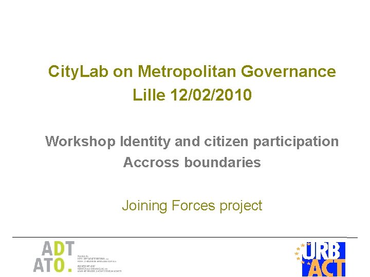 City. Lab on Metropolitan Governance Lille 12/02/2010 Workshop Identity and citizen participation Accross boundaries