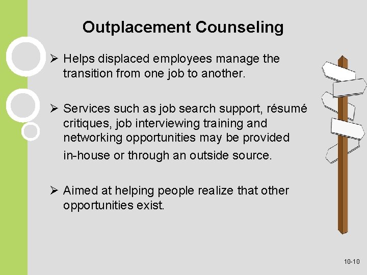 Outplacement Counseling Ø Helps displaced employees manage the transition from one job to another. Outplacement Counseling Ø Helps displaced employees manage the transition from one job to another.