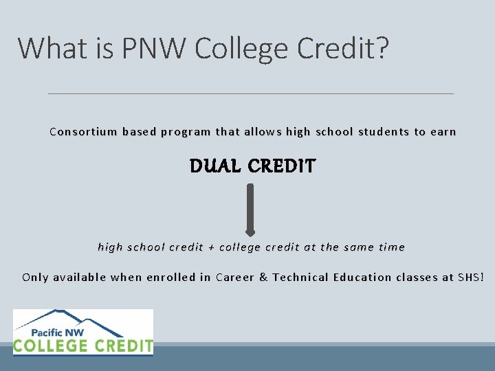 What is PNW College Credit? Consortium based program that allows high school students to