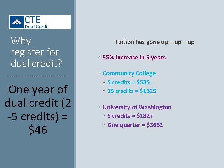 Why register for dual credit? One year of dual credit (2 -5 credits) =