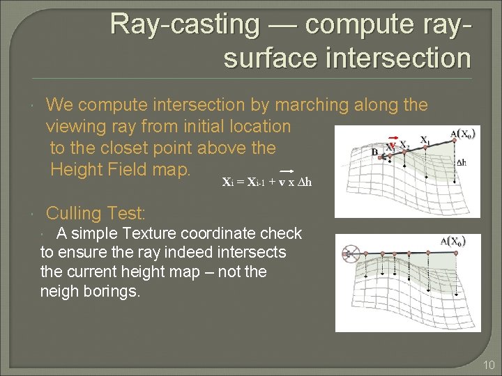 Ray-casting — compute raysurface intersection We compute intersection by marching along the viewing ray
