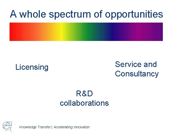 A whole spectrum of opportunities Service and Consultancy Licensing R&D collaborations Knowledge Transfer |