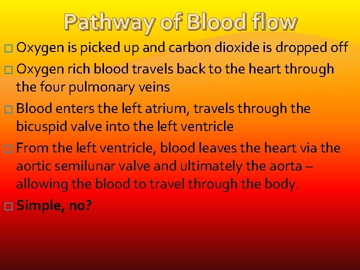Pathway of Blood flow � Oxygen is picked up and carbon dioxide is dropped