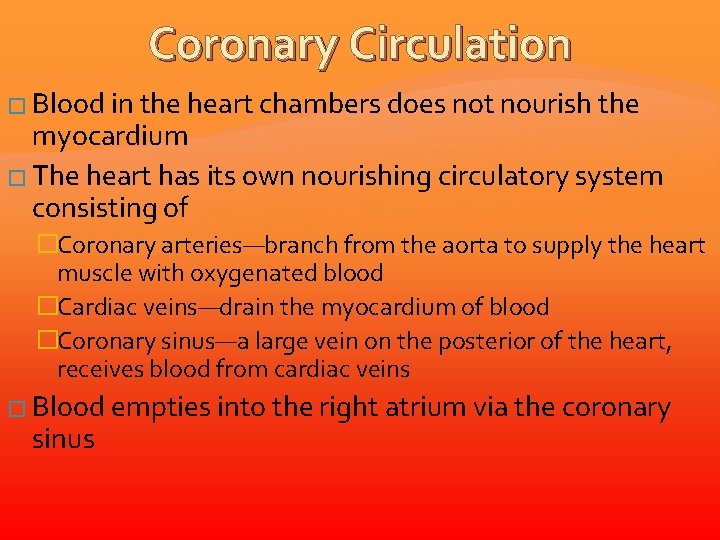 Coronary Circulation � Blood in the heart chambers does not nourish the myocardium �