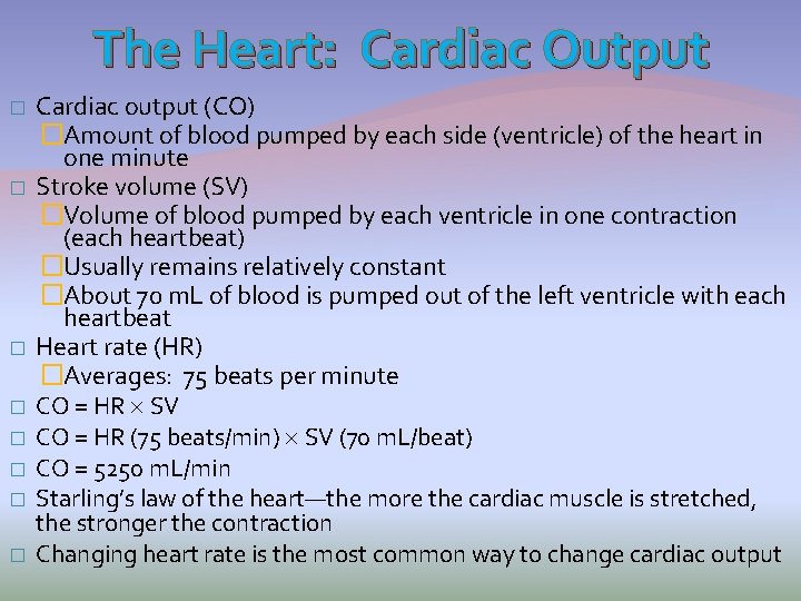 The Heart: Cardiac Output � � � � Cardiac output (CO) �Amount of blood