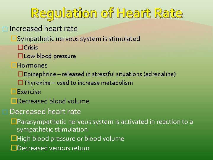 Regulation of Heart Rate � Increased heart rate �Sympathetic nervous system is stimulated �Crisis