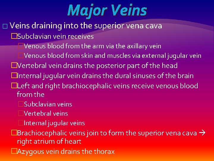 Major Veins � Veins draining into the superior vena cava �Subclavian vein receives �Venous