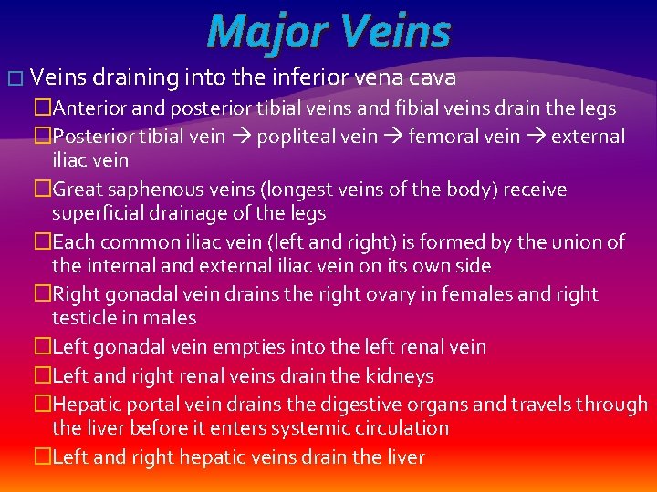 Major Veins � Veins draining into the inferior vena cava �Anterior and posterior tibial