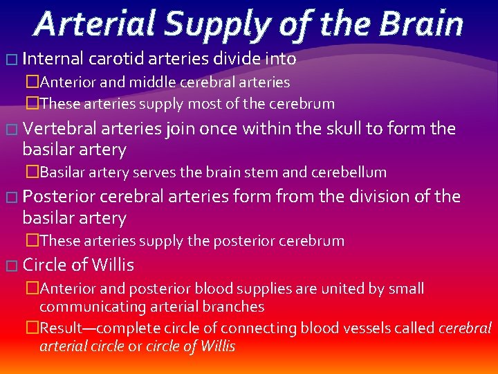 Arterial Supply of the Brain � Internal carotid arteries divide into �Anterior and middle