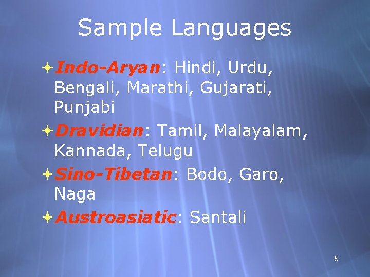 Sample Languages Indo-Aryan: Hindi, Urdu, Bengali, Marathi, Gujarati, Punjabi Dravidian: Tamil, Malayalam, Kannada, Telugu